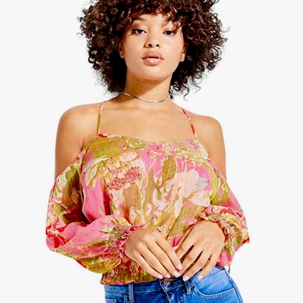 Guess women’s Floral pink and green Top Ashton Cold-shoulder Small sz
